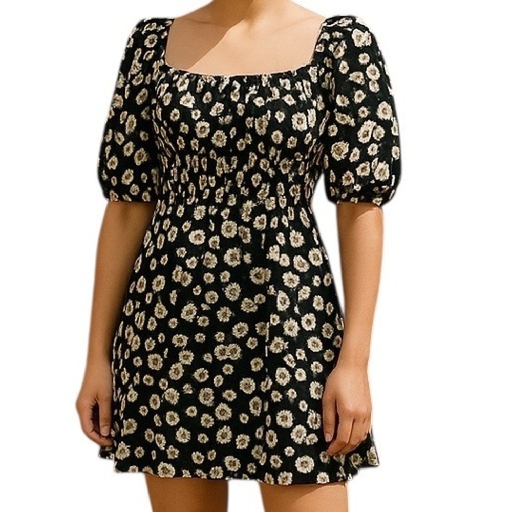Motel Daisy Print‎ Mini Dress Smocked Puff Sleeve Square Neck Black Sz M Cottage